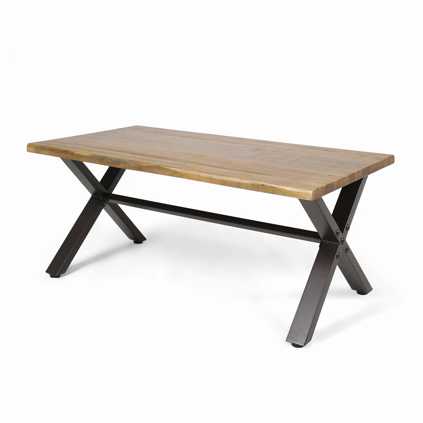 Ishtar Outdoor Farmhouse Teak Acacia Wood Coffee Table with Black X-Frame Legs