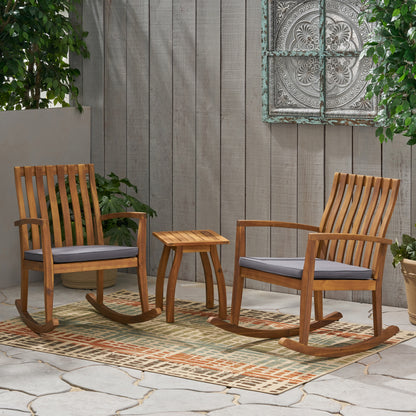 Zoe Outdoor 2 Seater Rocking Chair Set with Side Table, Teak and Dark Gray