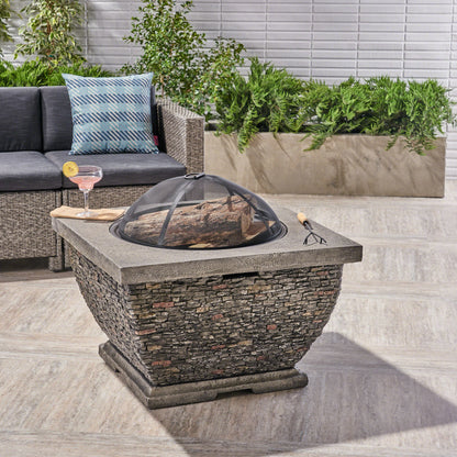 Laraine Outdoor 32-inch Wood Burning Light-Weight Concrete Square Fire Pit, Grey