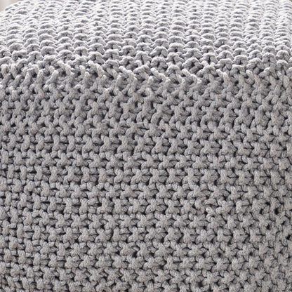 Teresa Knitted Cotton Square Pouf, Light Grey