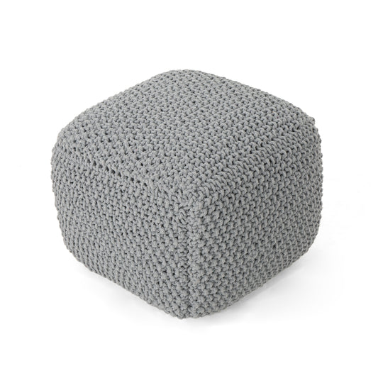 Teresa Knitted Cotton Square Pouf, Light Grey