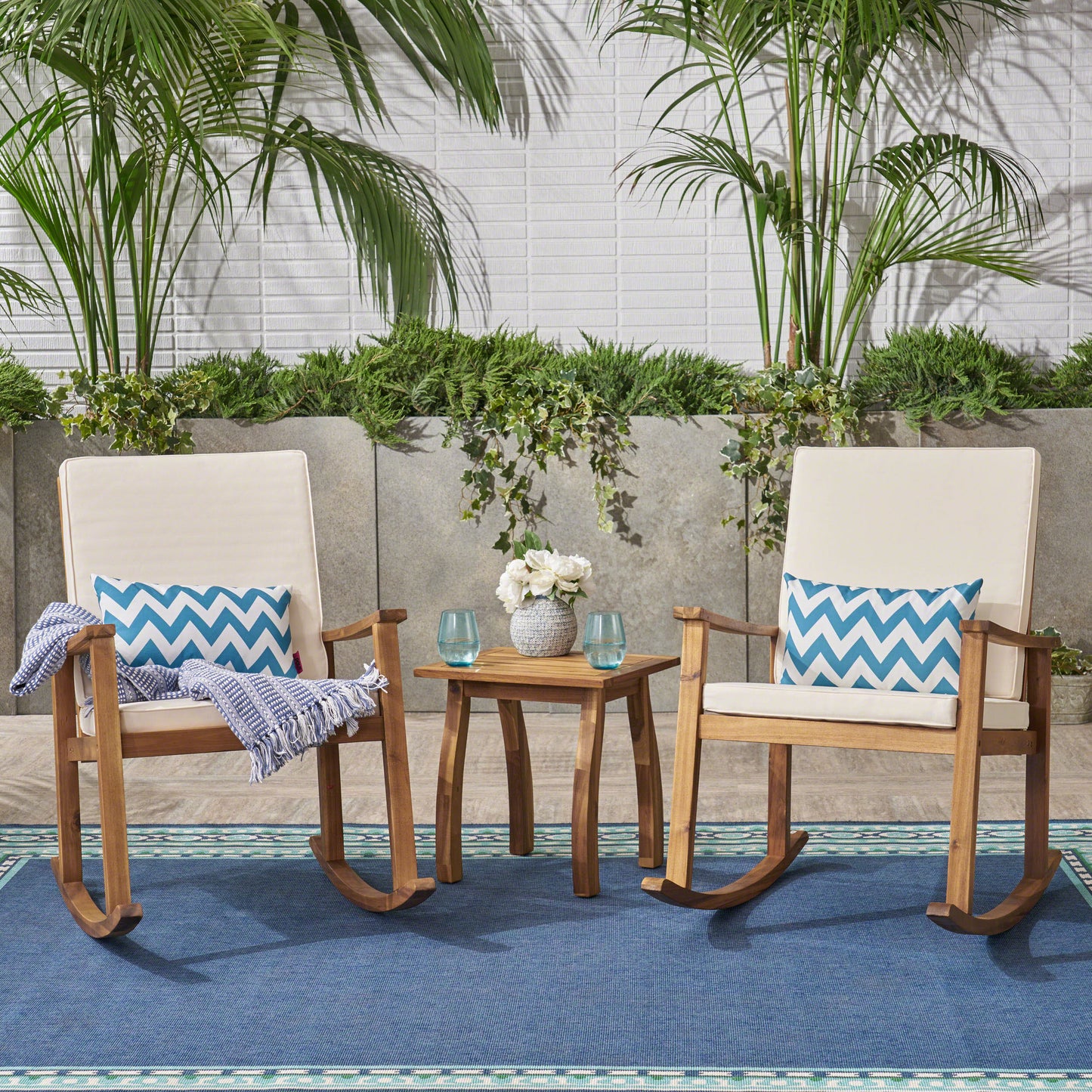Aeney Outdoor Acacia Wood Rocking Chair and Table Set