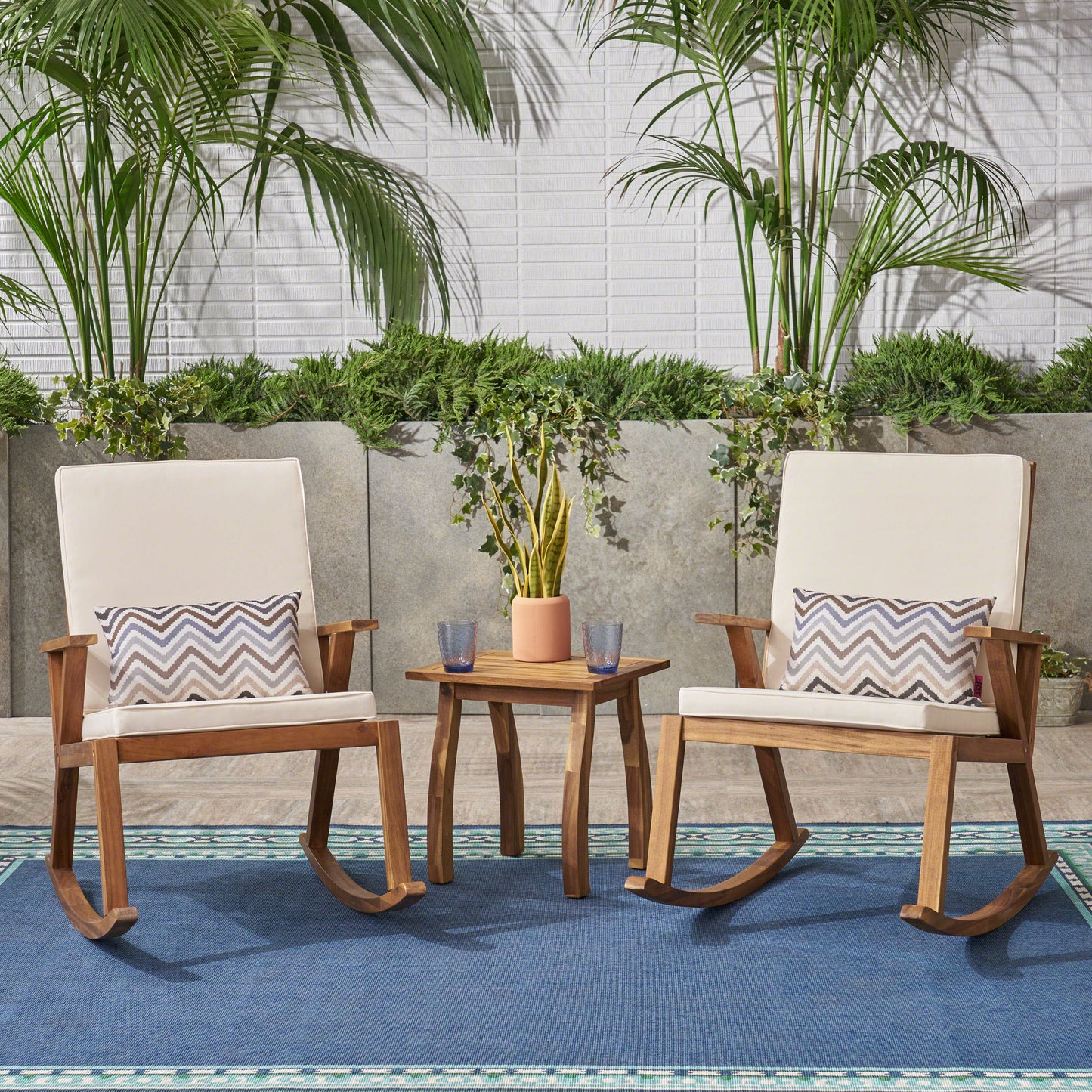 Alize Outdoor Acacia Wood Rocking Chair Chat Set