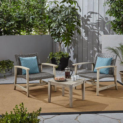 Alyssa Outdoor 3 Piece Wood and Wicker Club Chairs and Side Table Set