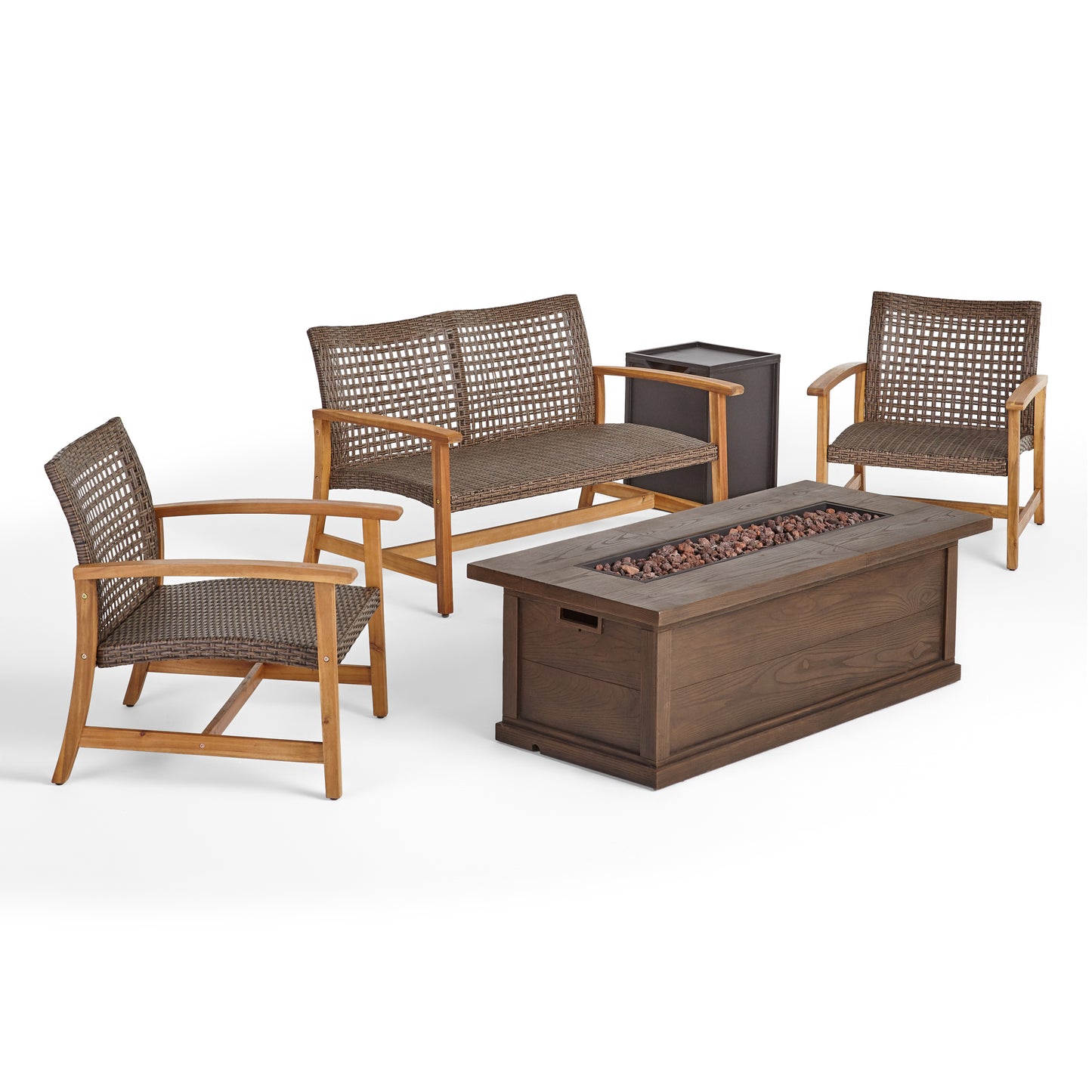 Rachel Outdoor 5 Piece Wood and Wicker Chat Set with Fire Pit