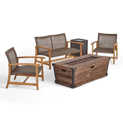 Airyanna Outdoor 3 Piece Wood and Wicker Chat Set with Fire Pit