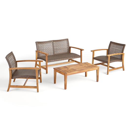 Spring Spender Outdoor 4 Piece Wood and Wicker Chat Set