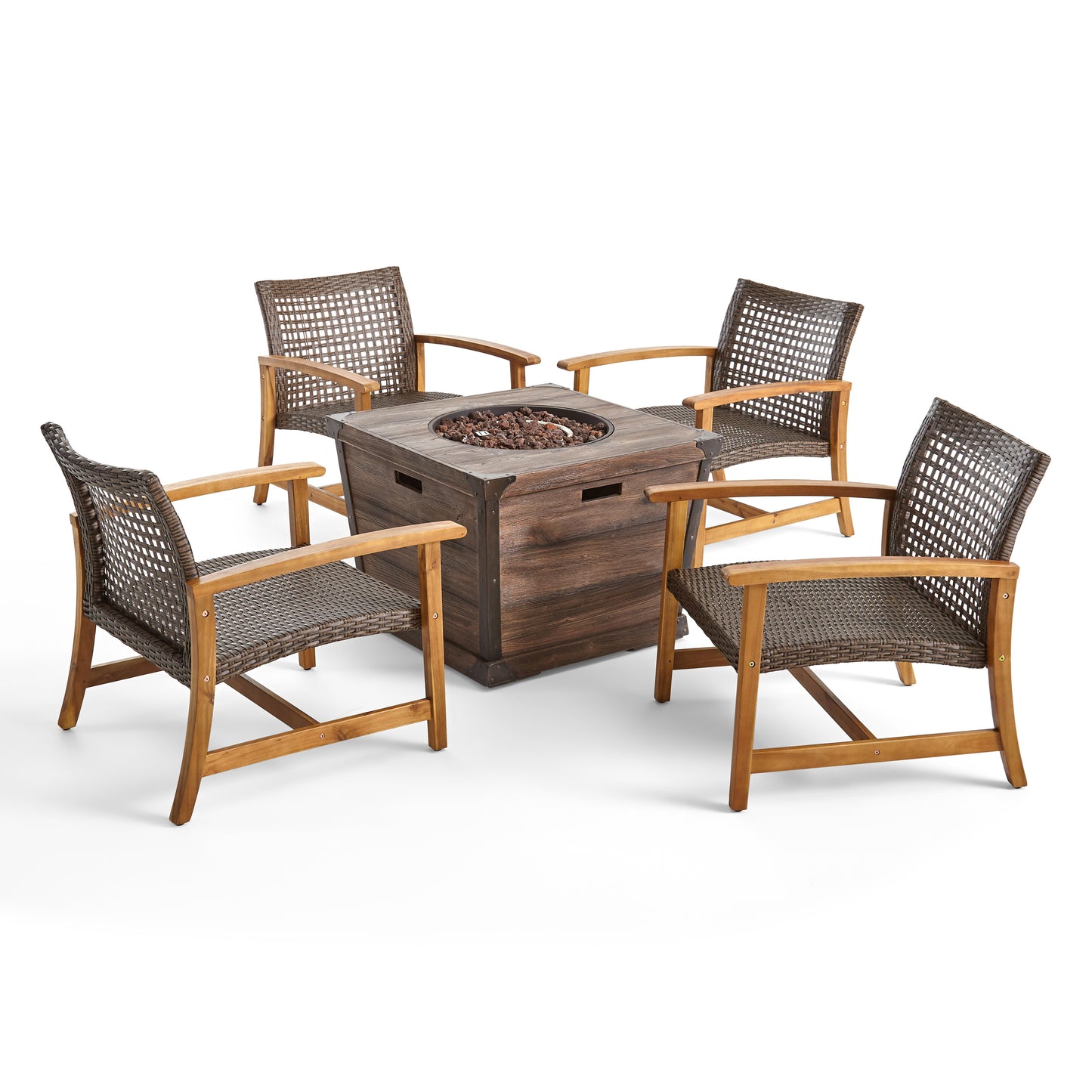 Levant Outdoor 4 Piece Wood and Wicker Club Chair Set with Fire Pit
