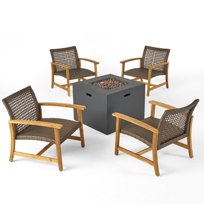 Carry Outdoor 5 Piece Wood and Wicker Club Chairs and Fire Pit Set