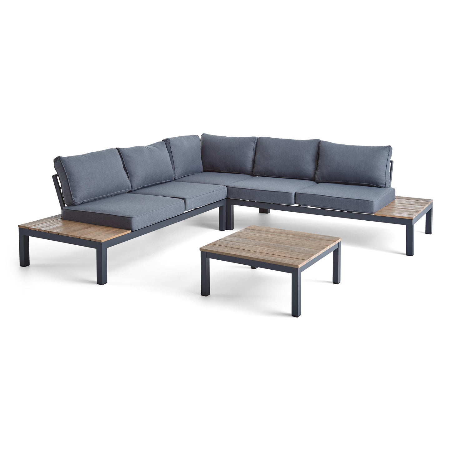 Blessen Outdoor Aluminum and Wood V-Shaped Sofa Set with Cushions