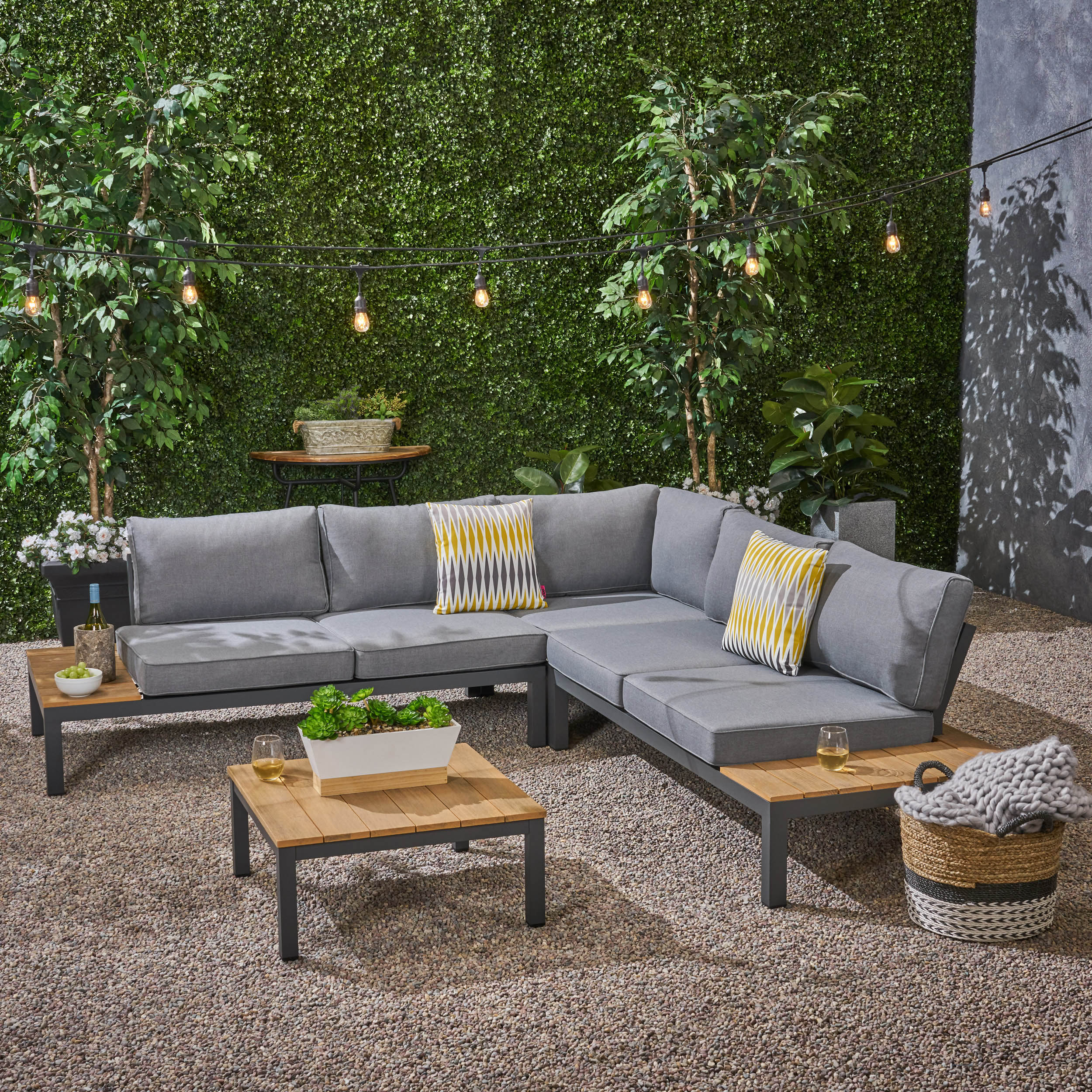 Blessen Outdoor Aluminum And Wood V-Shaped Sofa Set With Cushions ...