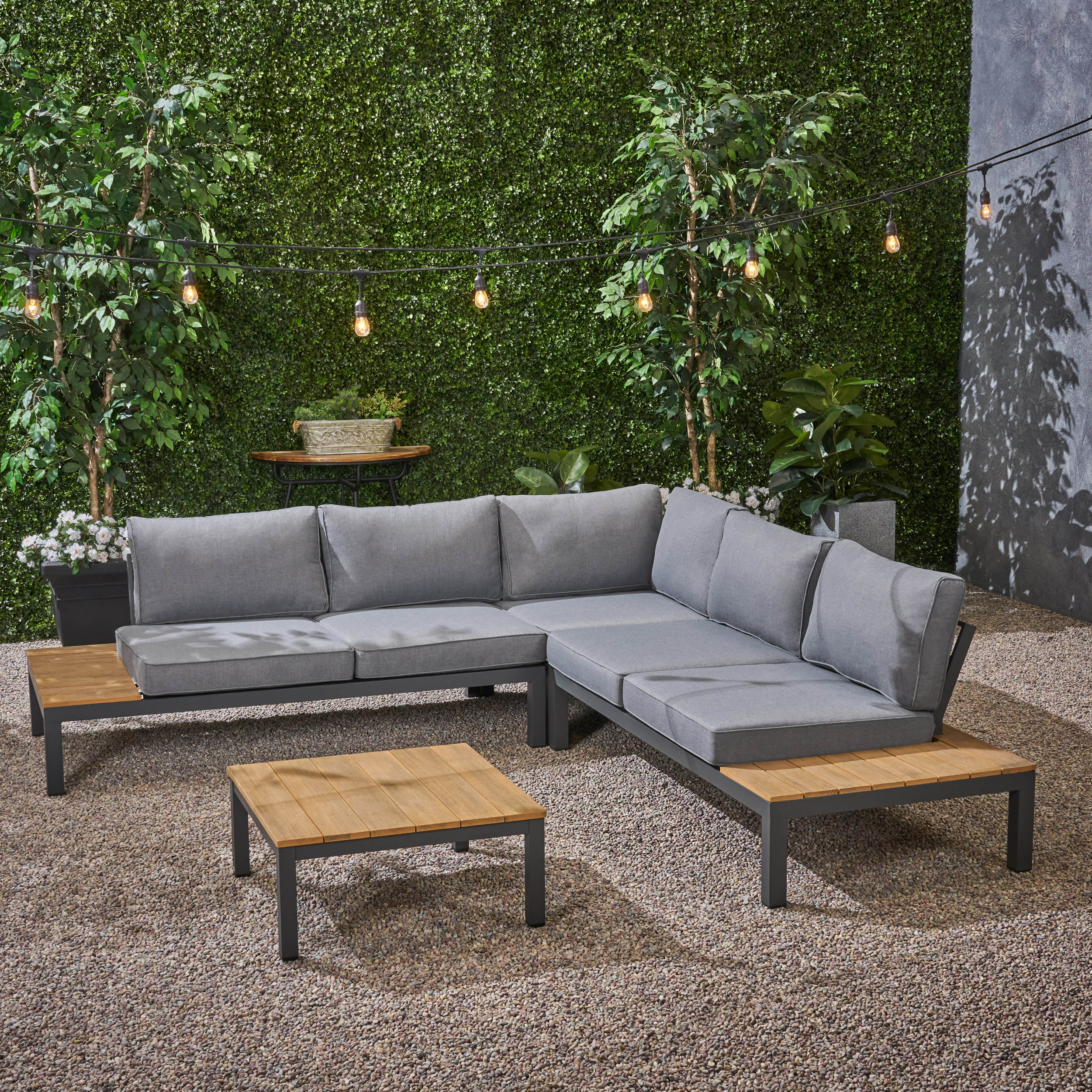 Blessen Outdoor Aluminum And Wood V-Shaped Sofa Set With Cushions ...