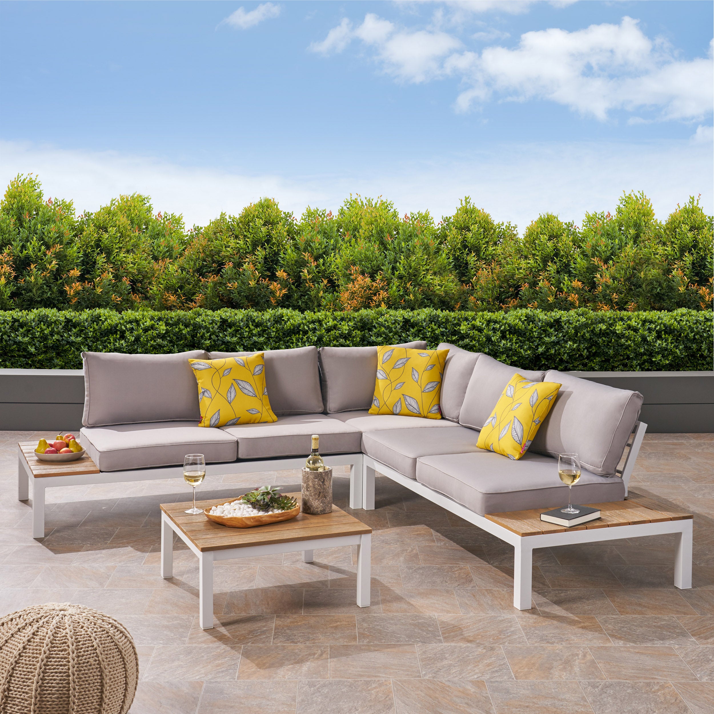 Blessen Outdoor Aluminum And Wood V-Shaped Sofa Set With Cushions ...