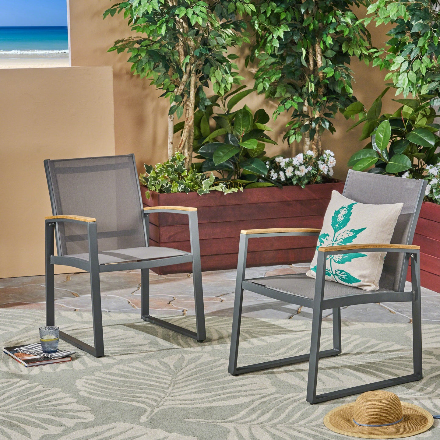 Aubrey Outdoor Aluminum Dining Chairs with Faux Wood Accents