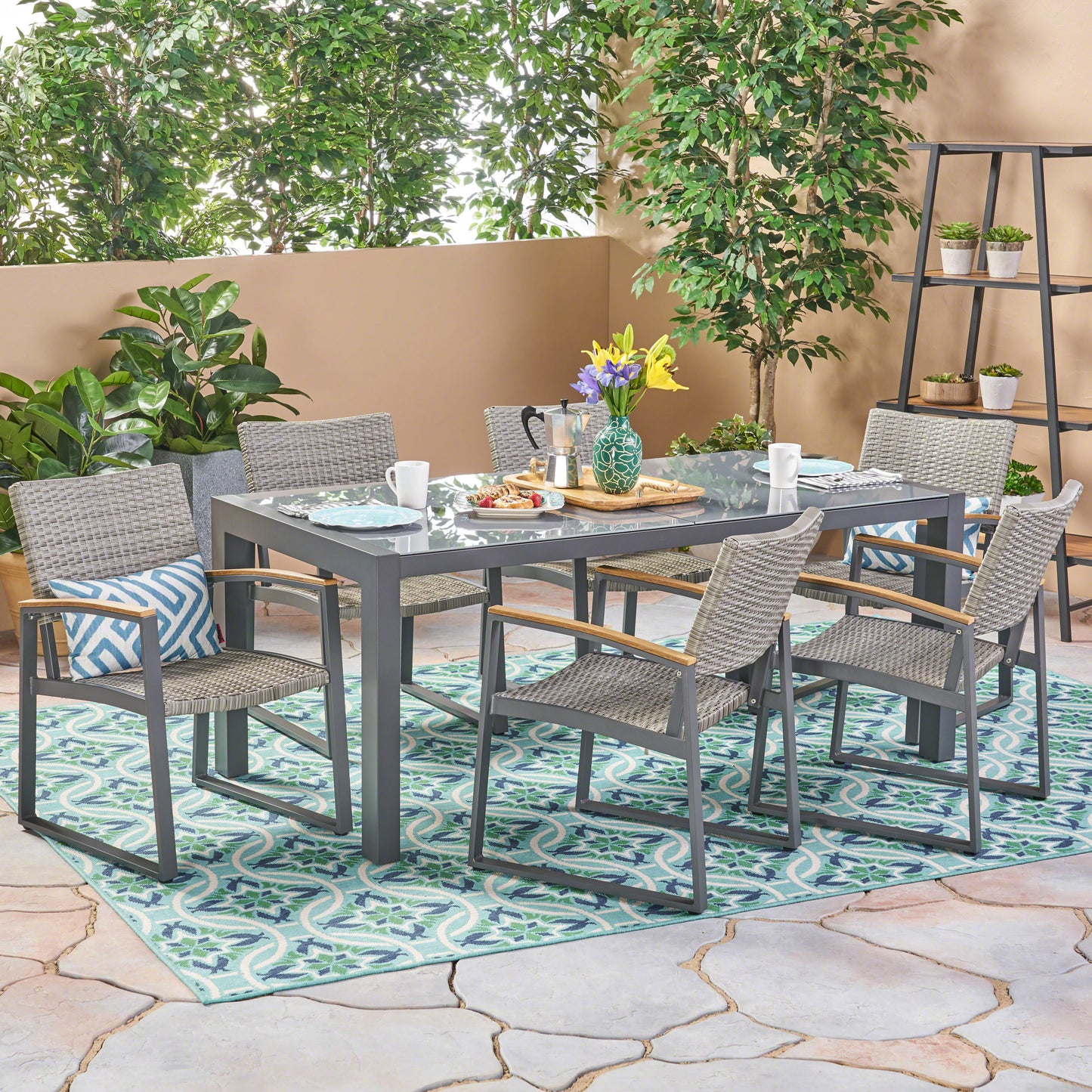 Teina Outdoor Aluminum and Wicker 7 Piece Dining Set with Glass Table Top, Gray and Gray