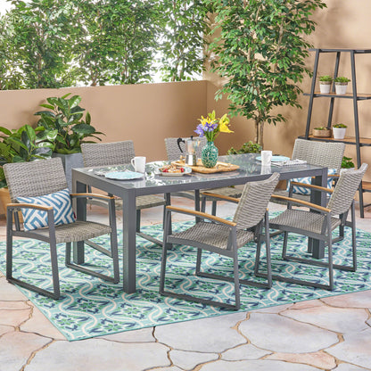 Teina Outdoor Aluminum and Wicker 7 Piece Dining Set with Glass Table Top, Gray and Gray