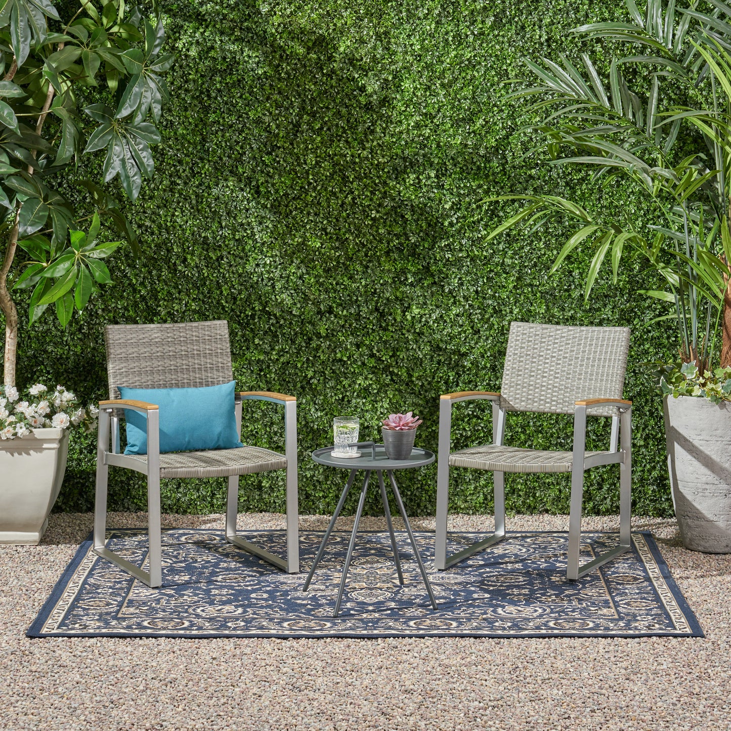 Eunice Outdoor 2 Seater Aluminum and Wicker Chat Set