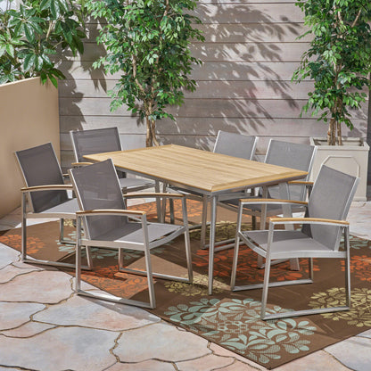 Tabby Outdoor Aluminum 7-Piece Dining Set with Mesh Chairs and Faux Wood Top