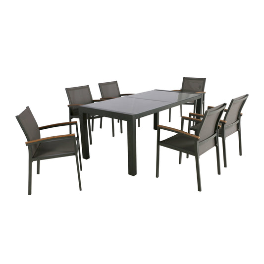 Jamie Outdoor Aluminum and Mesh 7 Piece Dining Set with Glass Table Top