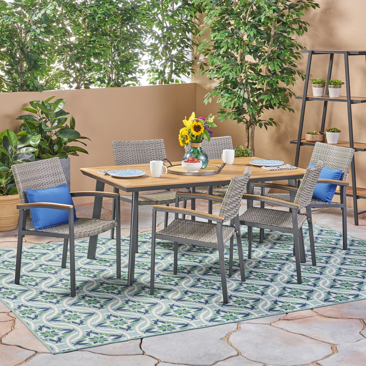 Simon Outdoor 7 Piece Aluminum and Mesh Dining Set with Wood Top