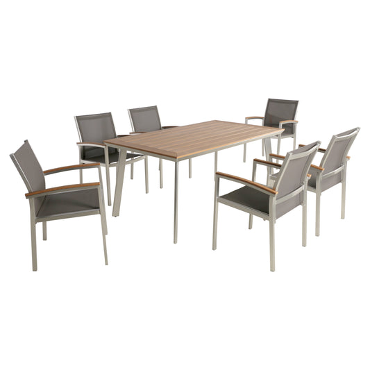 Erma Outdoor Aluminum 7-Piece Dining Set with Mesh Chairs and Faux Wood Top