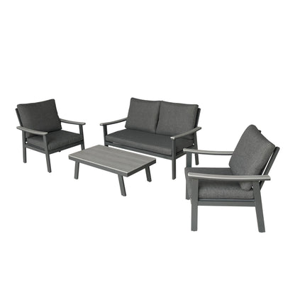 Mathias Outdoor 4 Piece Aluminum and Faux Wood Chat Set with Cushions