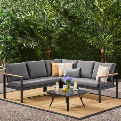 Jessica Outdoor Aluminum V-Shaped Sofa Set with Faux Wood Accents, Gray Finish and Gray