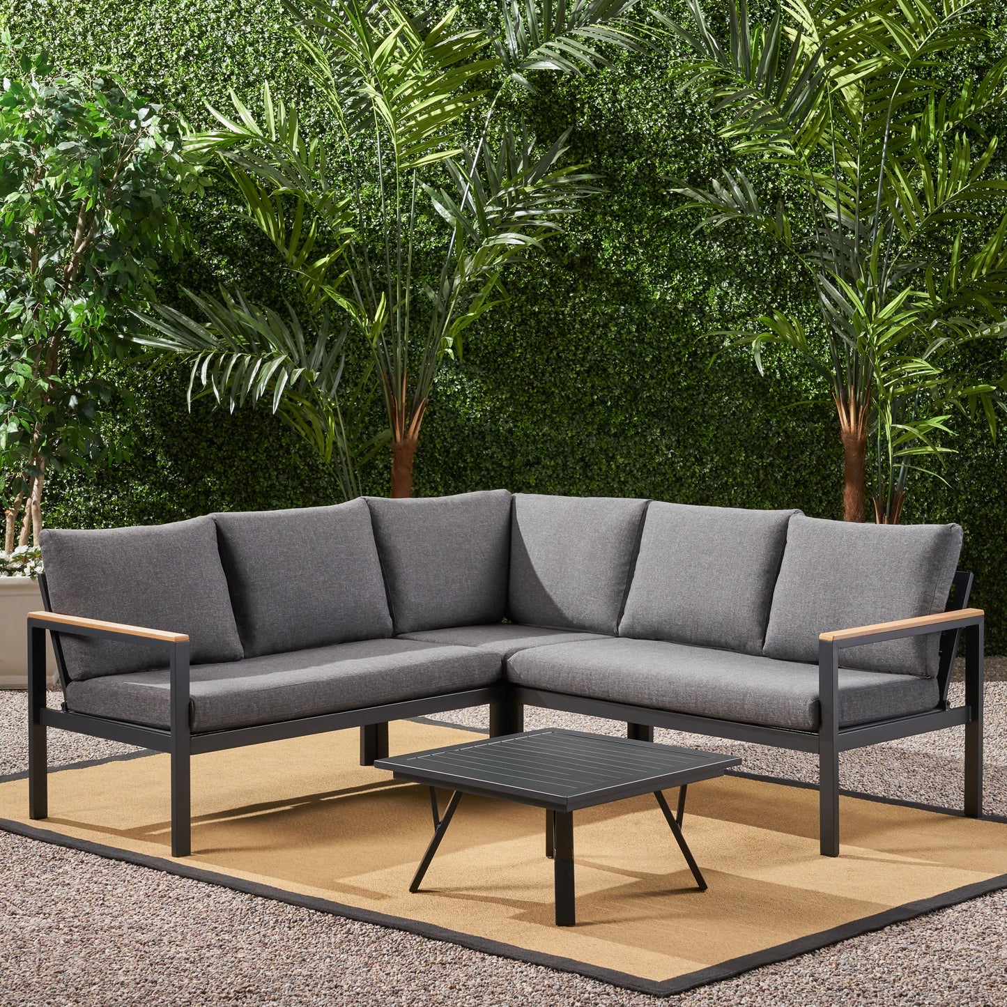 Jessica Outdoor Aluminum V-Shaped Sofa Set with Faux Wood Accents, Gray Finish and Gray