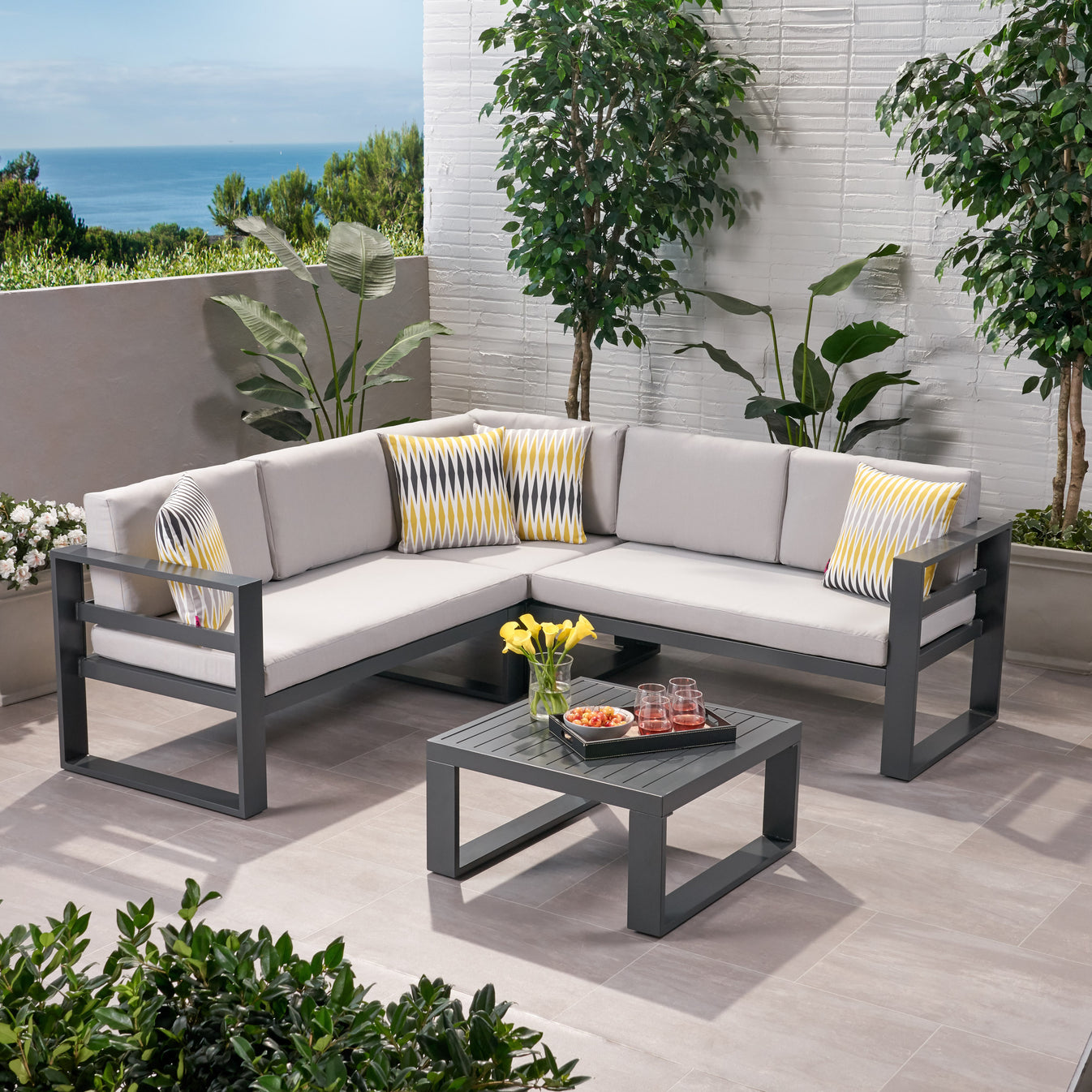 Queena Outdoor Aluminum Sofa Sectional with Coffee Table – GDFStudio