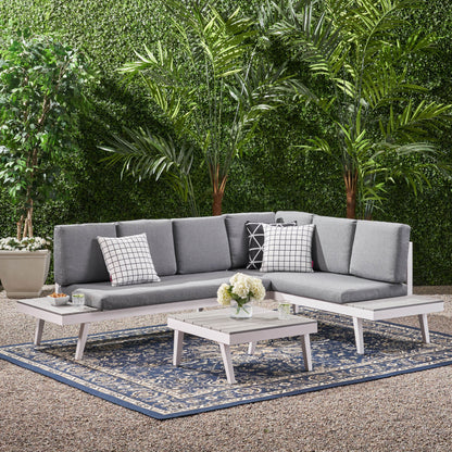 Taylor Outdoor Aluminum Sofa Sectional with Faux Wood Accents, White and Gray