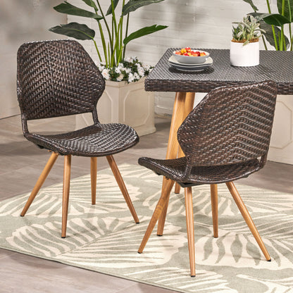 Amaya Outdoor Multi-brown Wicker Dining Chairs with Brown Wood Finish Metal Legs (Set of 2)