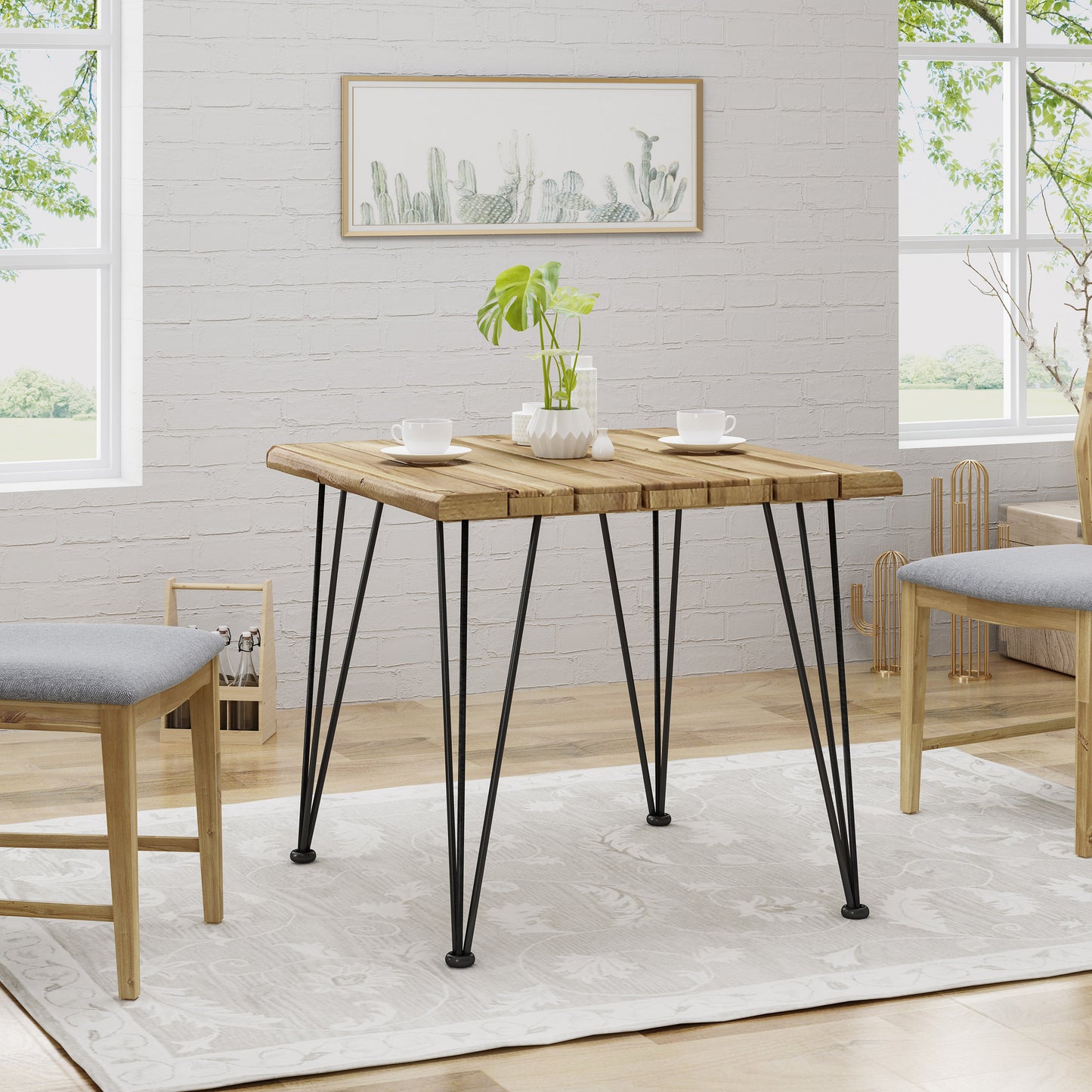 Avy Indoor/Outdoor Industrial Acacia Wood Dining Table, Teak and Rustic Metal
