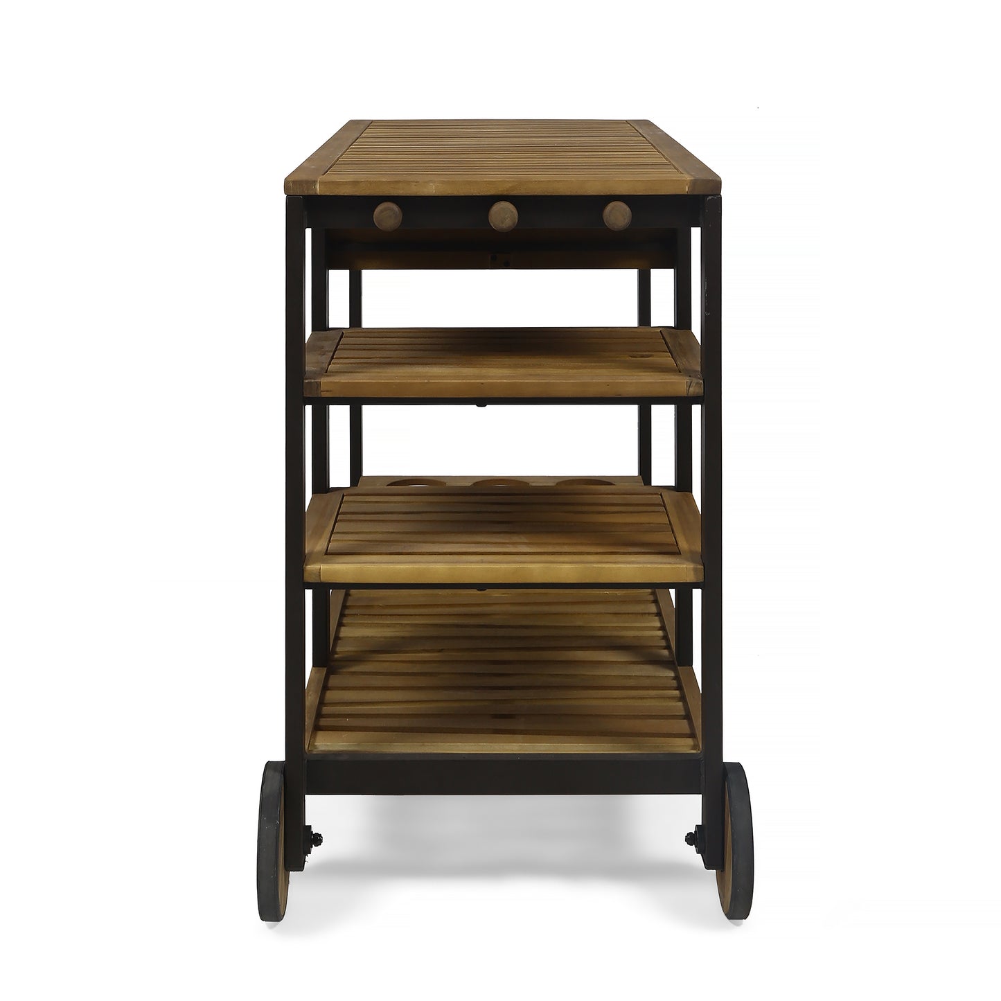 Ishtar Indoor Wood and Iron Bar Cart with Drawers and Wine Bottle Holders