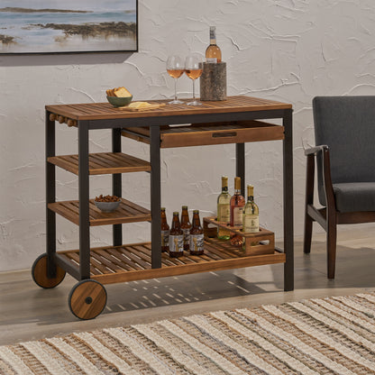 Ishtar Indoor Wood and Iron Bar Cart with Drawers and Wine Bottle Holders