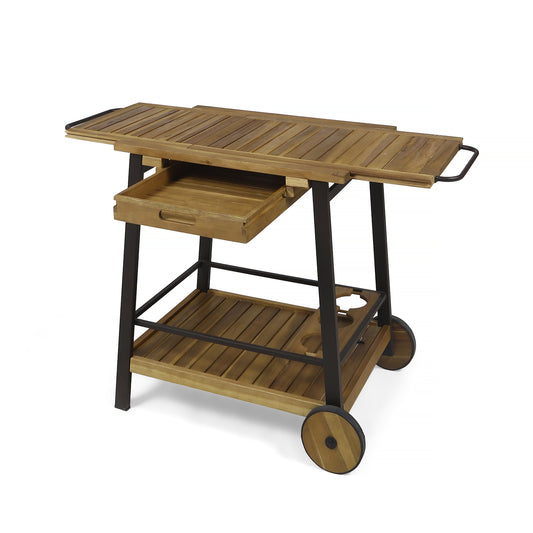 Michaela Indoor Acacia Wood Bar Cart with Reversible Drawers Adjustable Tray Top and Wine Bottle Holders