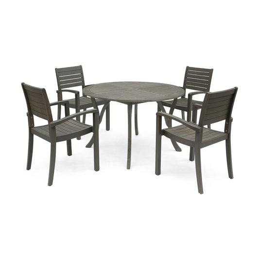 Payne Outdoor Rustic 5 Piece Round Acacia Wood Dining Set with Slats