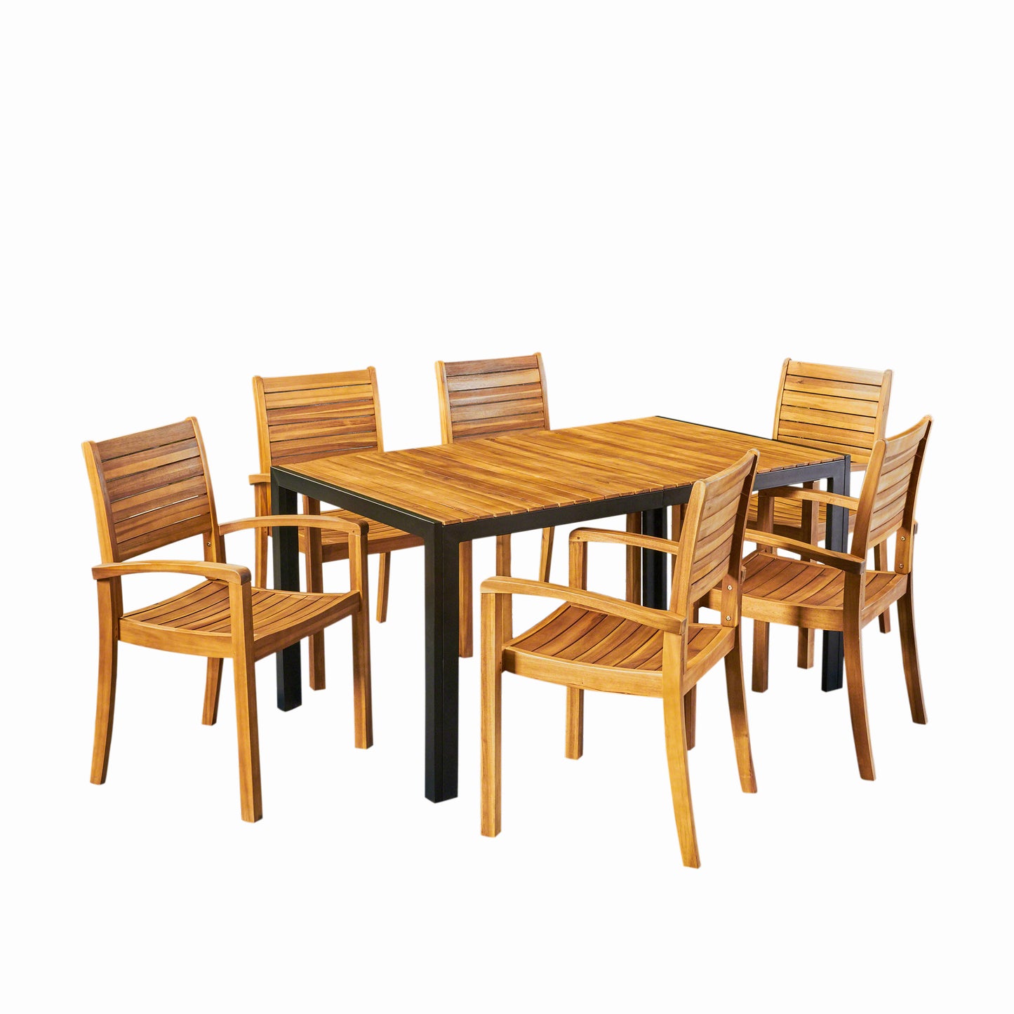 Monica Outdoor 6-Seater Rectangular Acacia Wood Dining Set, Teak and Black