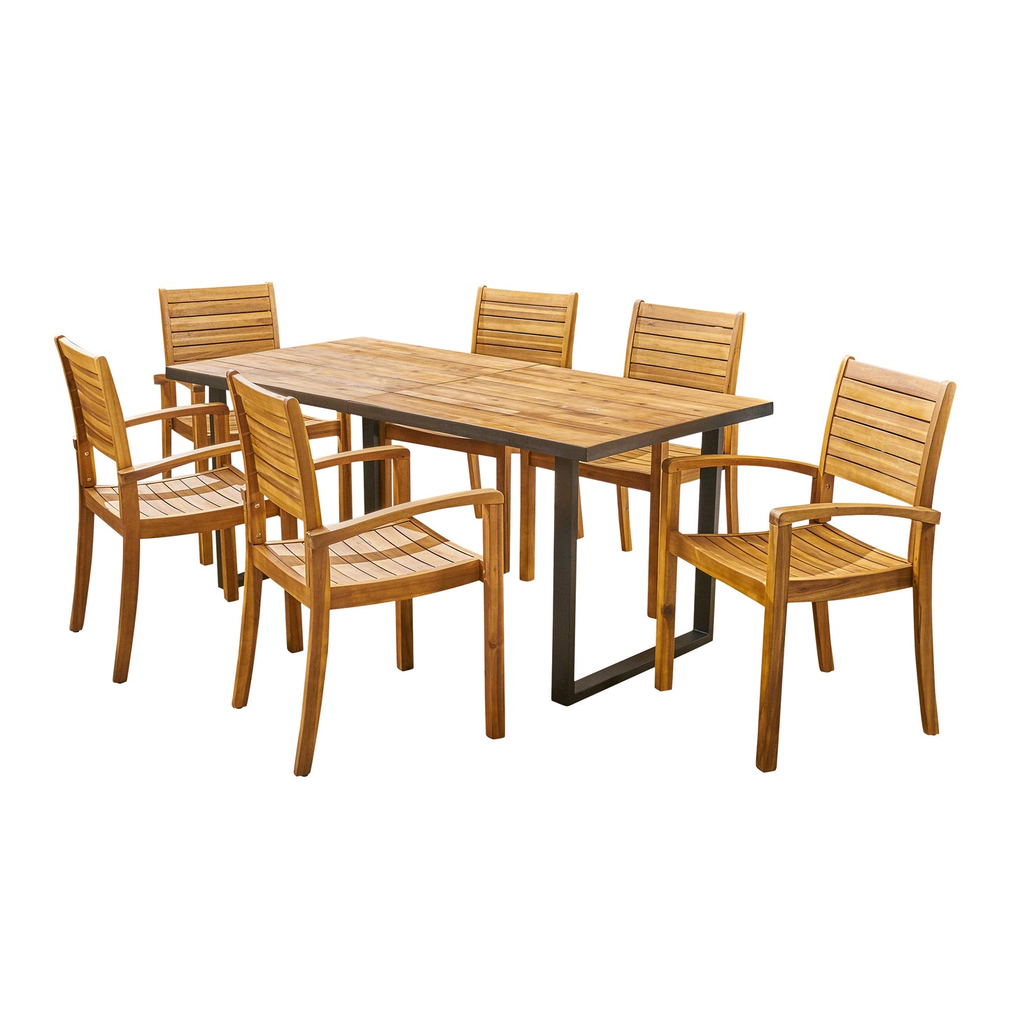 Alderson Outdoor 6-Seater Rectangular Acacia Wood Dining Set, Teak and Black