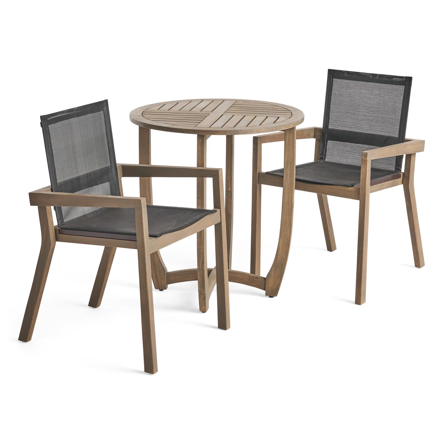 Marcell Outdoor Acacia Wood 3 Piece Dining Set with Mesh Seats