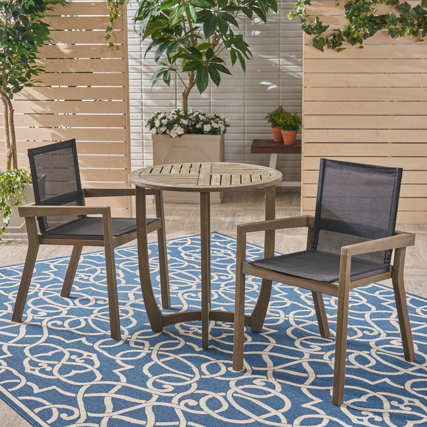 Marcell Outdoor Acacia Wood 3 Piece Dining Set with Mesh Seats