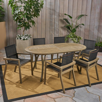 Pitts Outdoor Acacia Wood 6 Seater Patio Dining Set with Mesh Seats