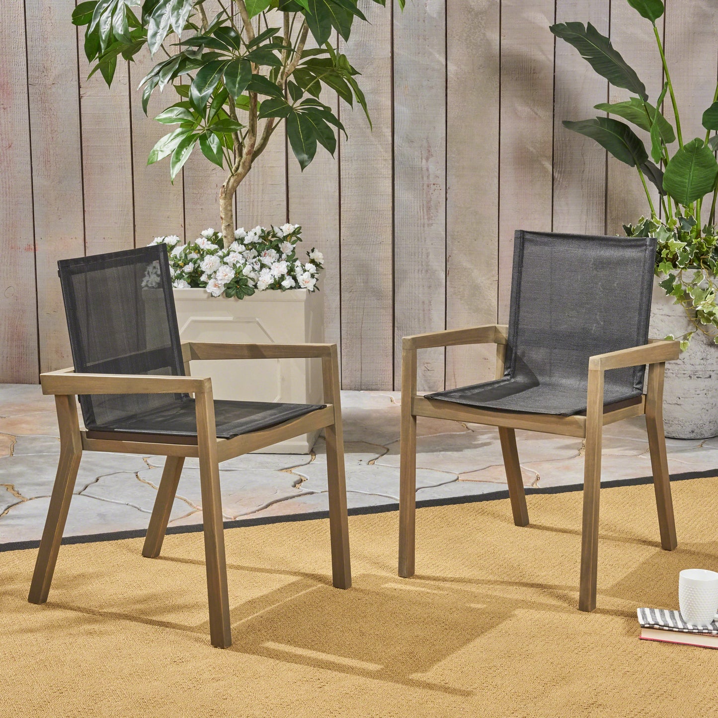 Jimmy Outdoor Acacia Wood and Mesh Dining Chairs (Set of 2)