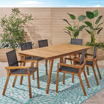 Janely Outdoor Acacia Wood 7 Piece Dining Set with Mesh Seats