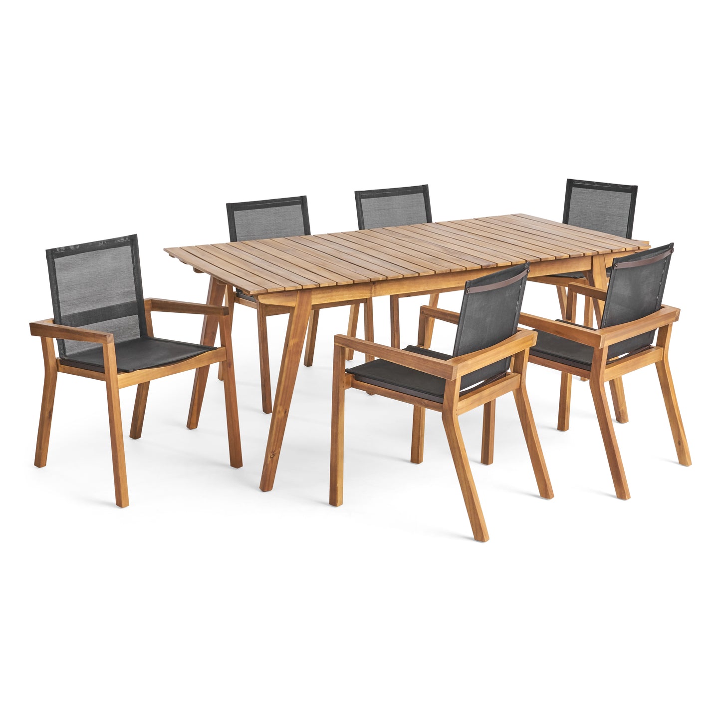 Janely Outdoor Acacia Wood 7 Piece Dining Set with Mesh Seats