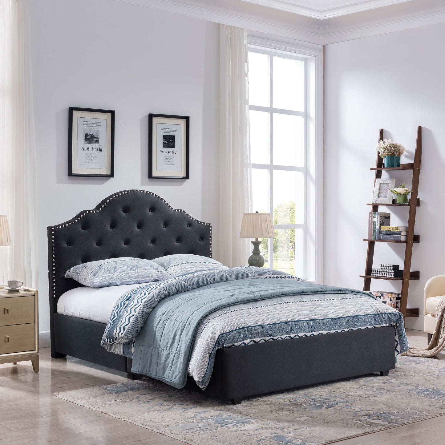 Gentry Contemporary Button-Tufted Camelback Queen Bed Frame with