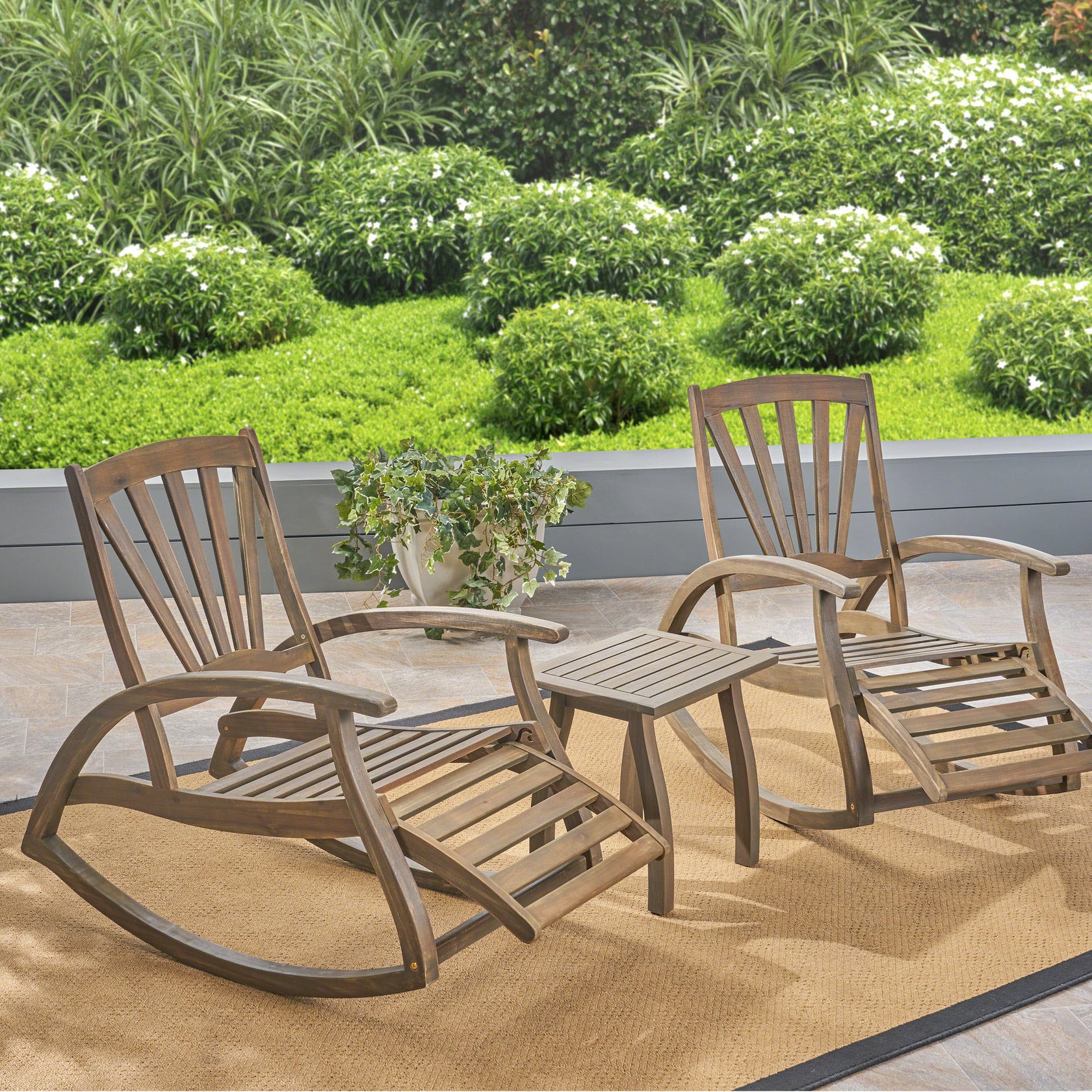 Sunview Outdoor Rustic Acacia Wood Recliner Rocking Chair with Side Ta ...