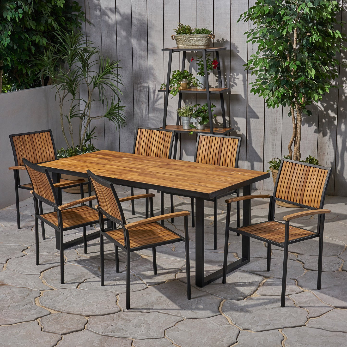 Stoic Outdoor 6 Seater Acacia Wood Dining Set with an Iron Frame