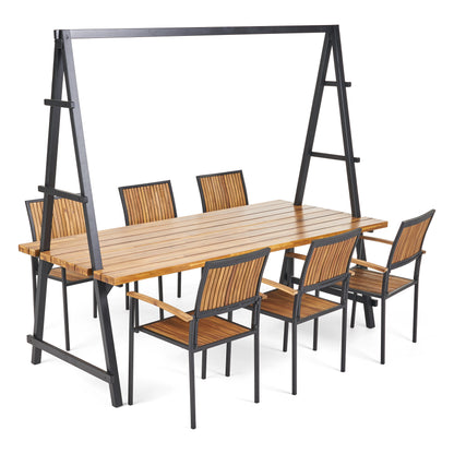 Durban Outdoor 6 Seater Acacia Wood and Iron Planter Dining Set