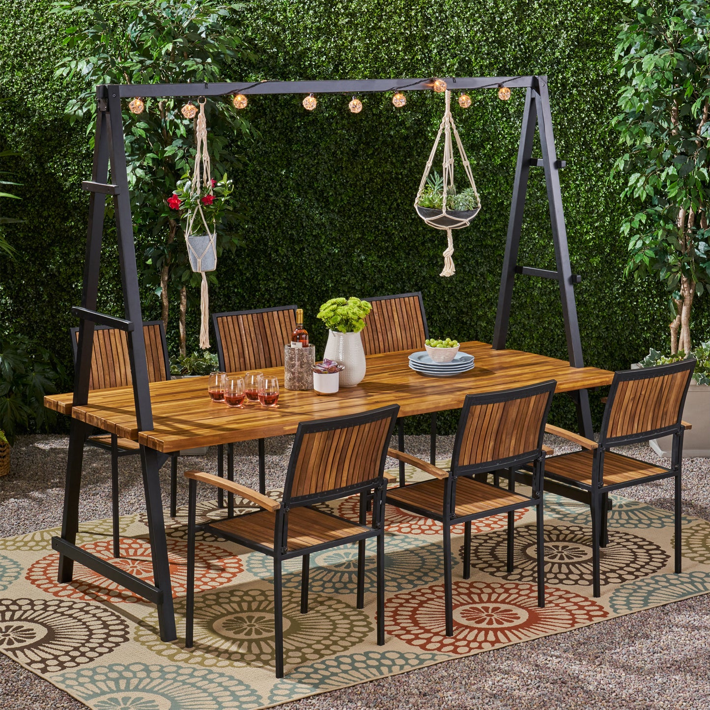 Durban Outdoor 6 Seater Acacia Wood and Iron Planter Dining Set