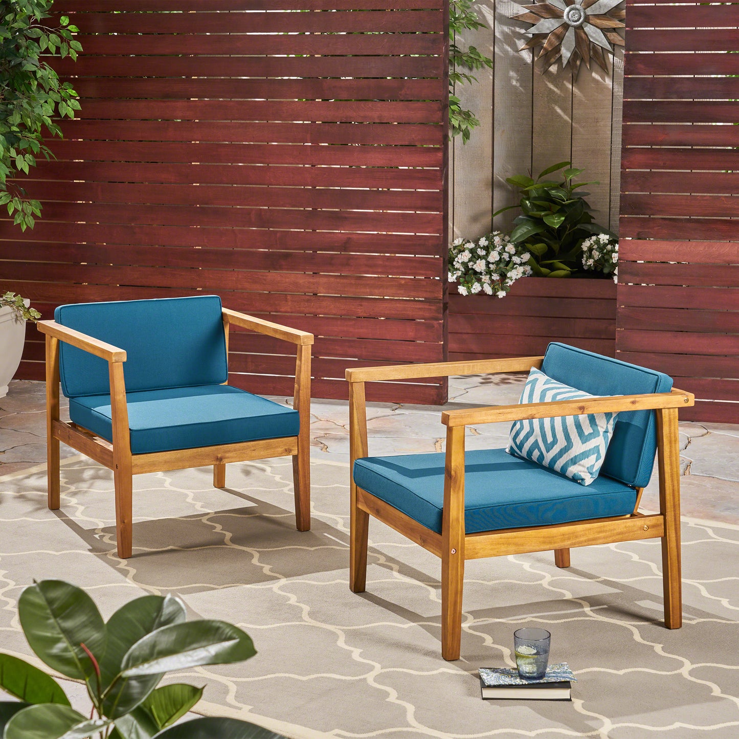Thomson Outdoor Acacia Wood Club Chairs with Water-Resistant Cushions (Set of 2)